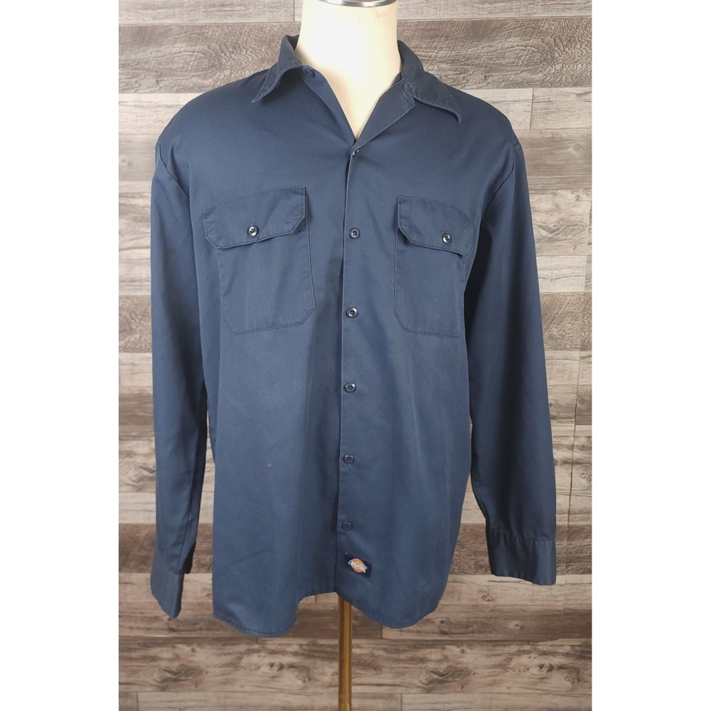 Dickies Mens Navy Blue Long Sleeve Work Shirt Size L Tall Button Down Pockets